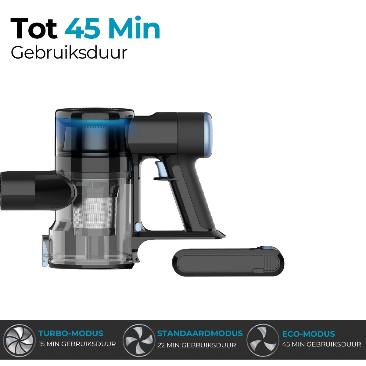 Sanovy Turbo Flex X28 steelstofzuiger met krachtige accu – tot 45 minuten gebruiksduur in Eco-modus, 22 minuten in Standaard en 15 minuten in Turbo